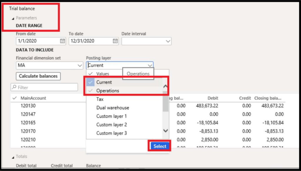 Screenshot of a financial trial balance report interface in Microsoft Dynamics 365 Finance, showing options for date range selection, posting layers, and financial accounts with corresponding debit and credit columns.