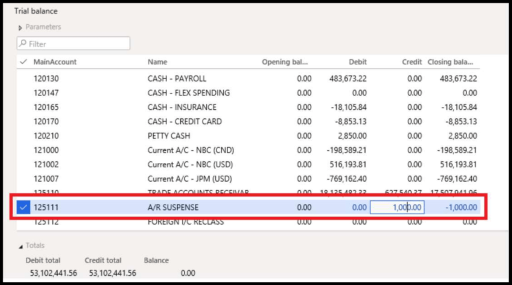 A screenshot of a trial balance report displaying various main accounts, highlighting the 'A/R SUSPENSE' account with a recorded debit and credit balance of 1,000.00 and -1,000.00 respectively.