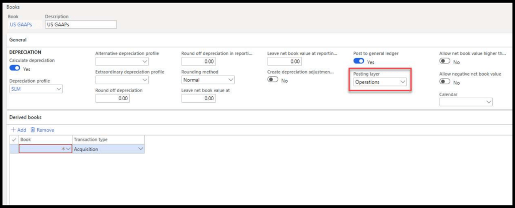 Screenshot of Microsoft Dynamics 365 Finance interface displaying settings for 'US GAAPs' accounting book, including options for depreciation calculation and posting layer.