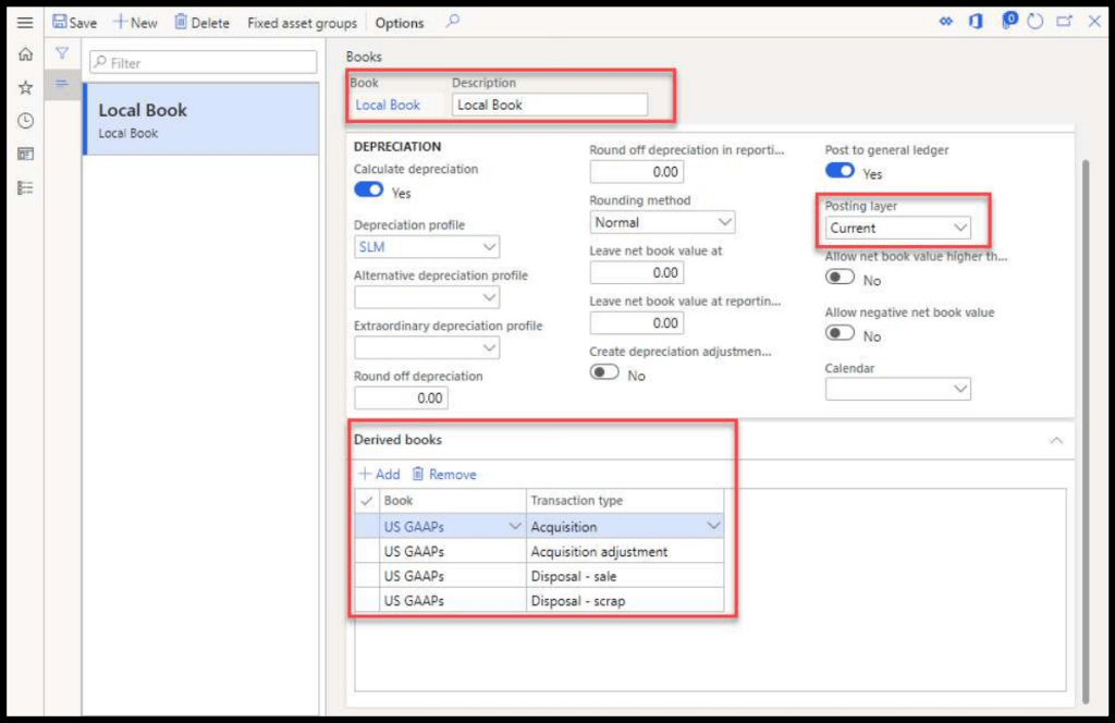 Screenshot of Microsoft Dynamics 365 Finance showing the Local Book settings for depreciation and derived books, including US GAAP options.