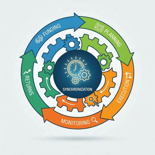 Project finance circular workflow illustration: Funding, Planning, Execution, Monitoring, Returns, and Synchronization.